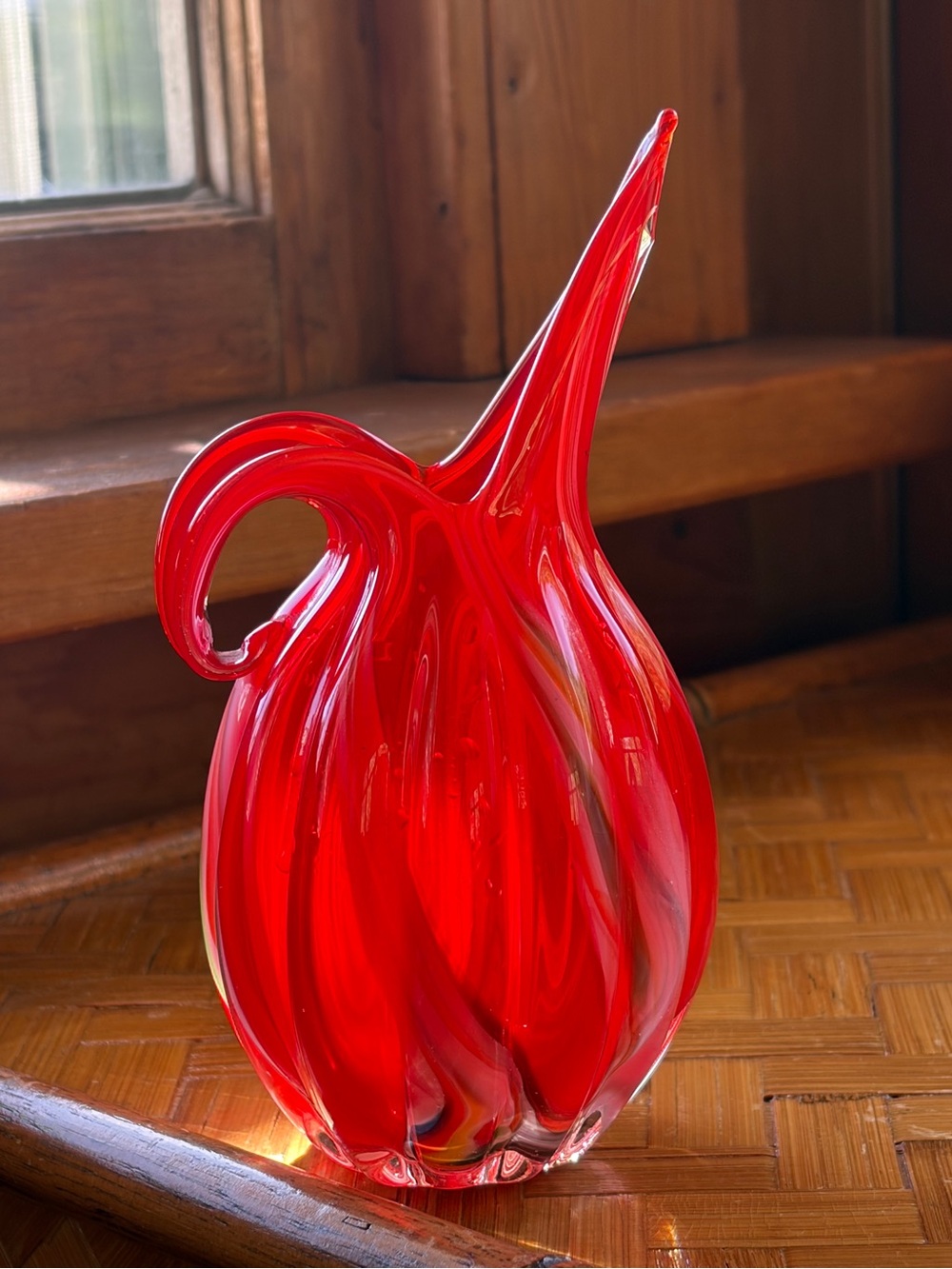 Vintage Hand Blown Art Glass Red Orange Pitcher Vase Murano Style Colorful Swirl